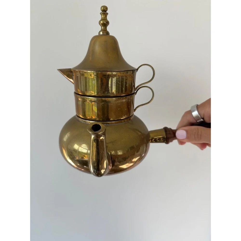 Vintage Brass Stacking Tea Set 3 Tier Teapot Creamer Sugar Wood Handle 8 Inch